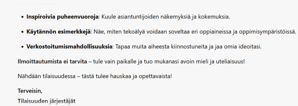 Copilotin ehdotus tilaisuuden kuvaukseksi