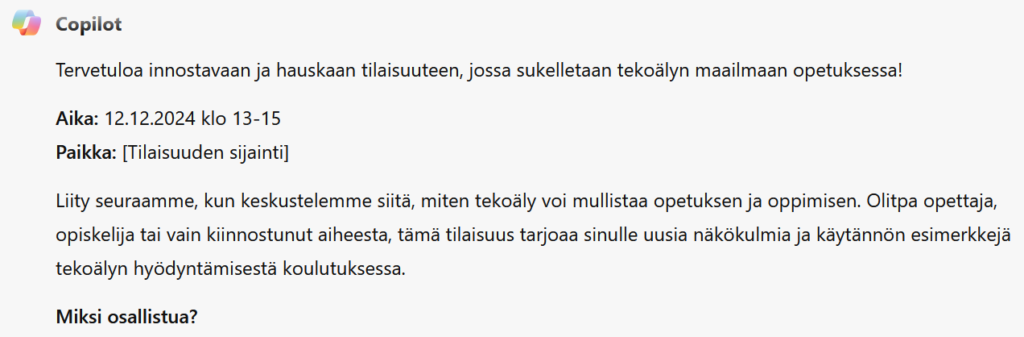 Copilotin ehdotus tilaisuuden kuvaukseksi