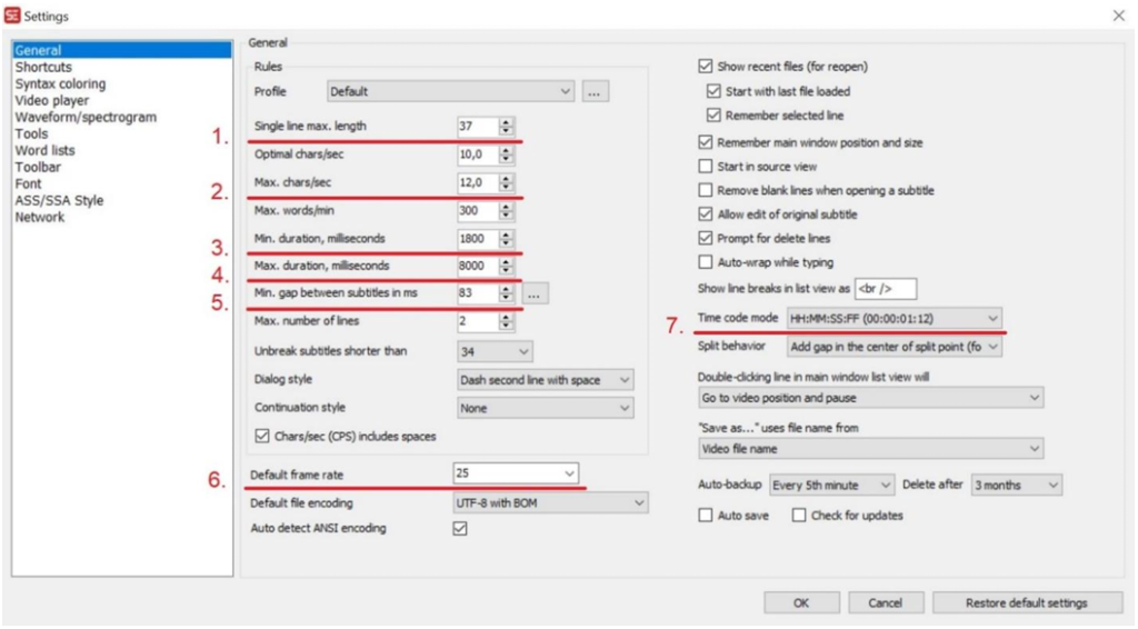 Subtitle Edit settings