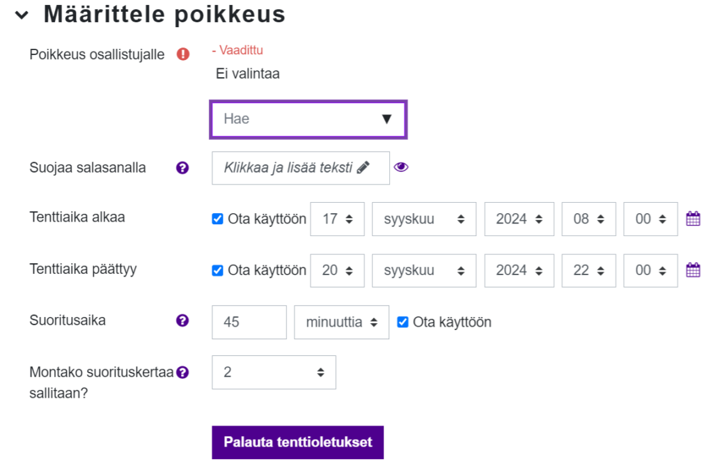 Poikkesupääsyn määrittäminen