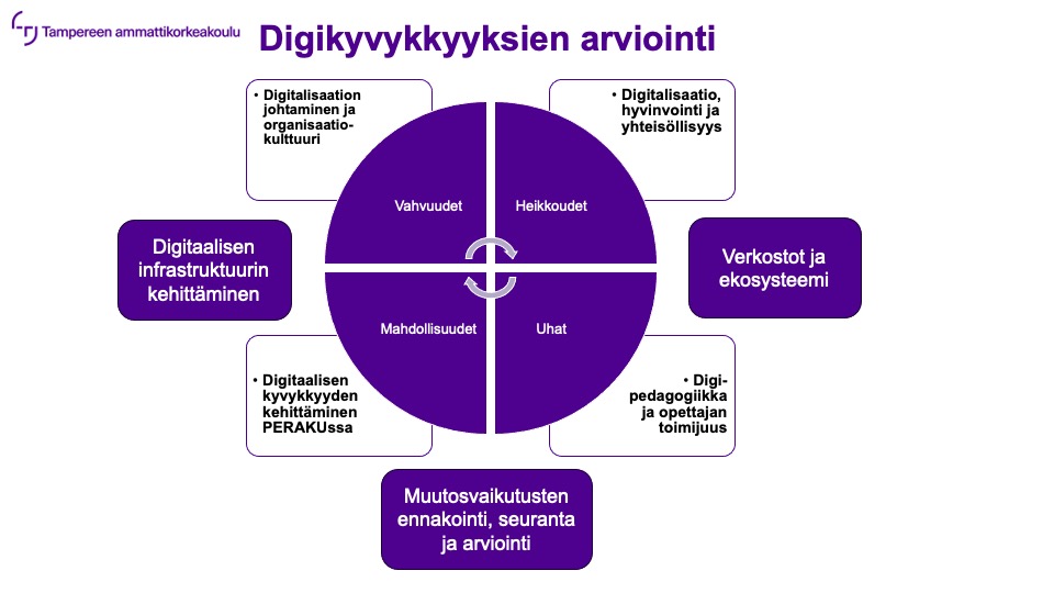 Digikyvykkyyksien arviointi muodostuu seitsemästä pääteemasta: 1 Digitalisaation johtaminen ja organisaatiokulttuuri, 2 Digitalisaatio, hyvinvointi ja yhteisöllisyys, 3 Verkostot ja ekosysteemi, 4 Digipedagogiikka ja opettajan toimijuus, 5 Muutosvaikutusten ennakointi, seuranta ja arviointi, 6 Digitaalisen kyvykkyyden kehittäminen ja 7 Digitaalisen infrastruktuurin kehittäminen.