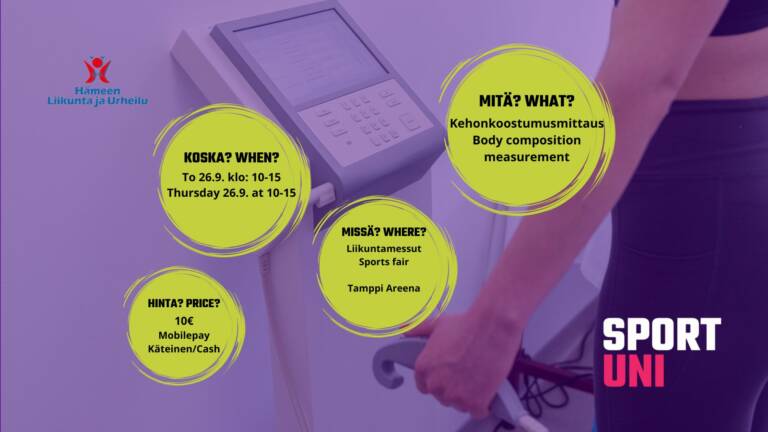 Woman on the body composition measurement scale and info about the event.